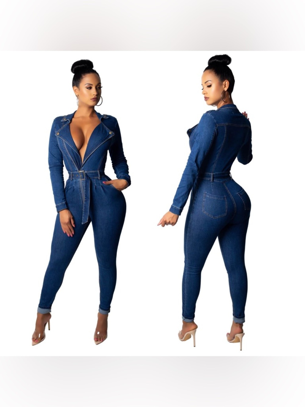 Stretch Denim V-Neck Long Sleeve Zipper Jumpsuit Slim Fit | S | NWOT